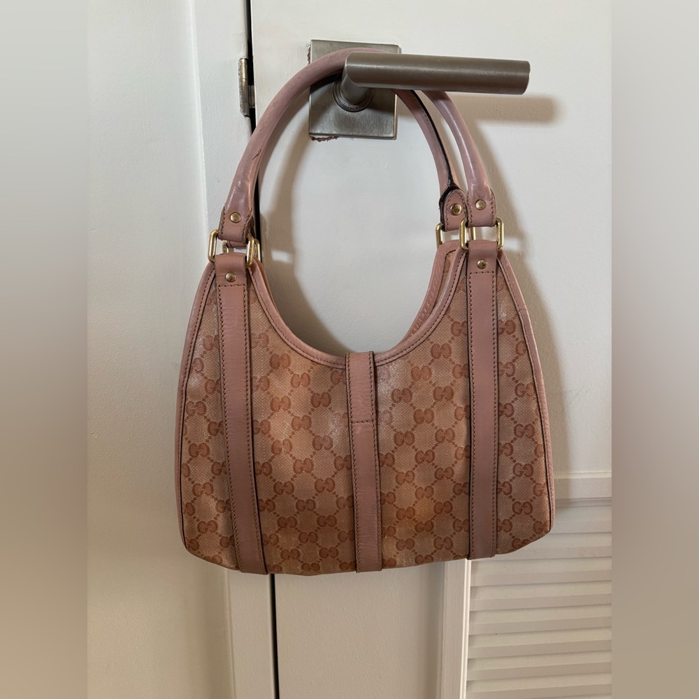 Gucci Jackie Beige/Pink GG Coated Canvas Shoulder Bag with Pink Leather Trim - Picture 3 of 15